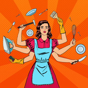 Successful Housewife. Multitasking Woman. Perfect Wife. Pop Art. Vector illustration