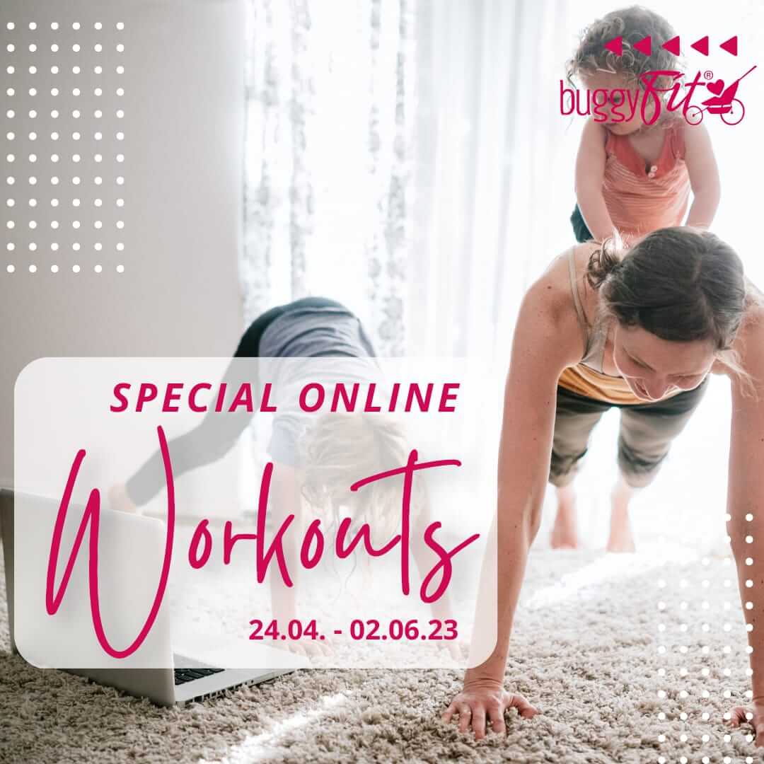 Mama macht Sport zusammen mit ihren Kindern. Ein Kind sitzt dabei oben auf den Rücken, während die Mama im Plank hält.