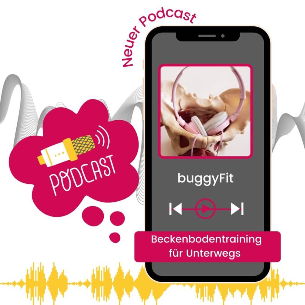 Podcast, Beckenbodetraining to go. Grafik vom Handy mit einen Beckenboden und Kopfhöreren.