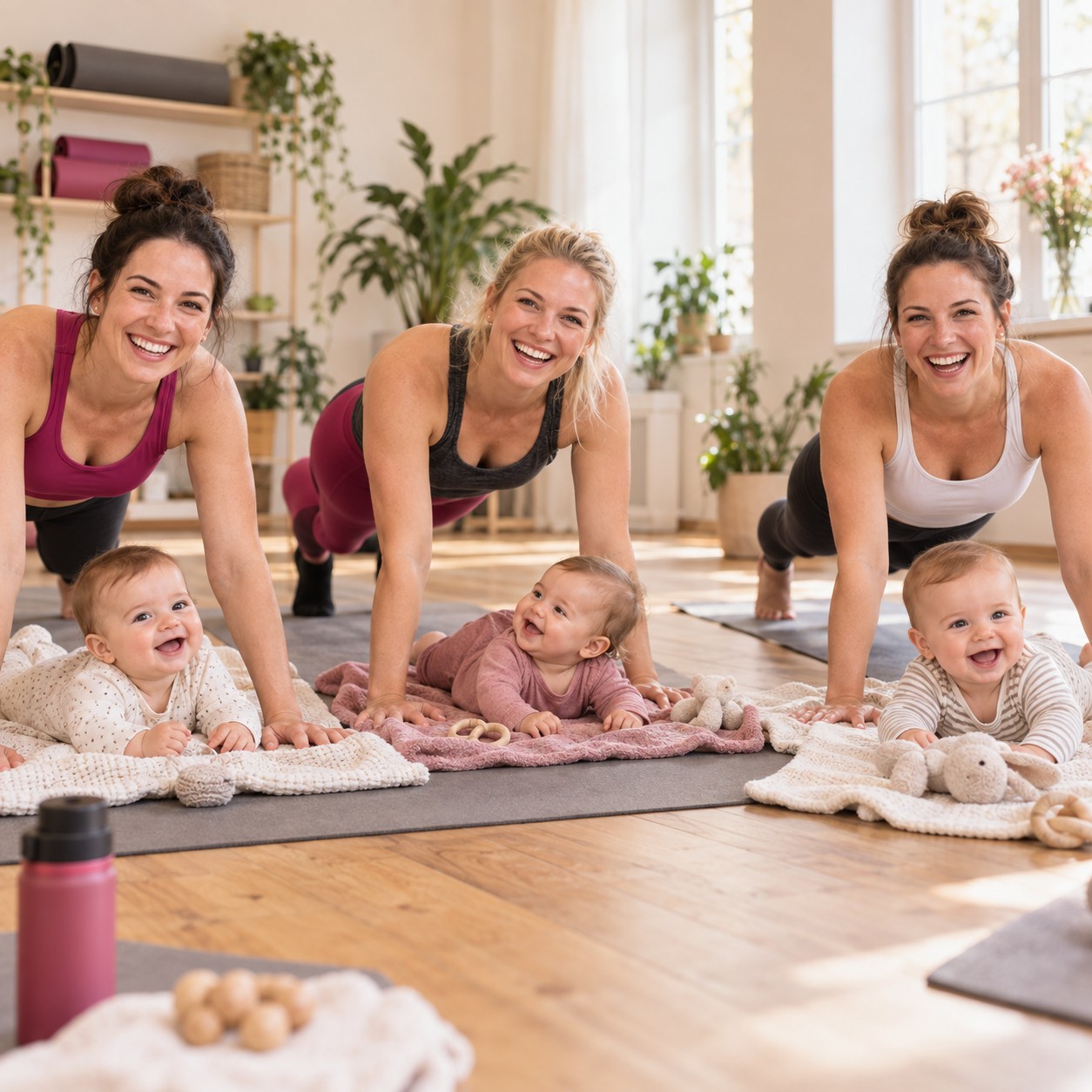 Drei Mamas machen einen Seitstütz, ihre lachenden Babys liegen auf Decken davor