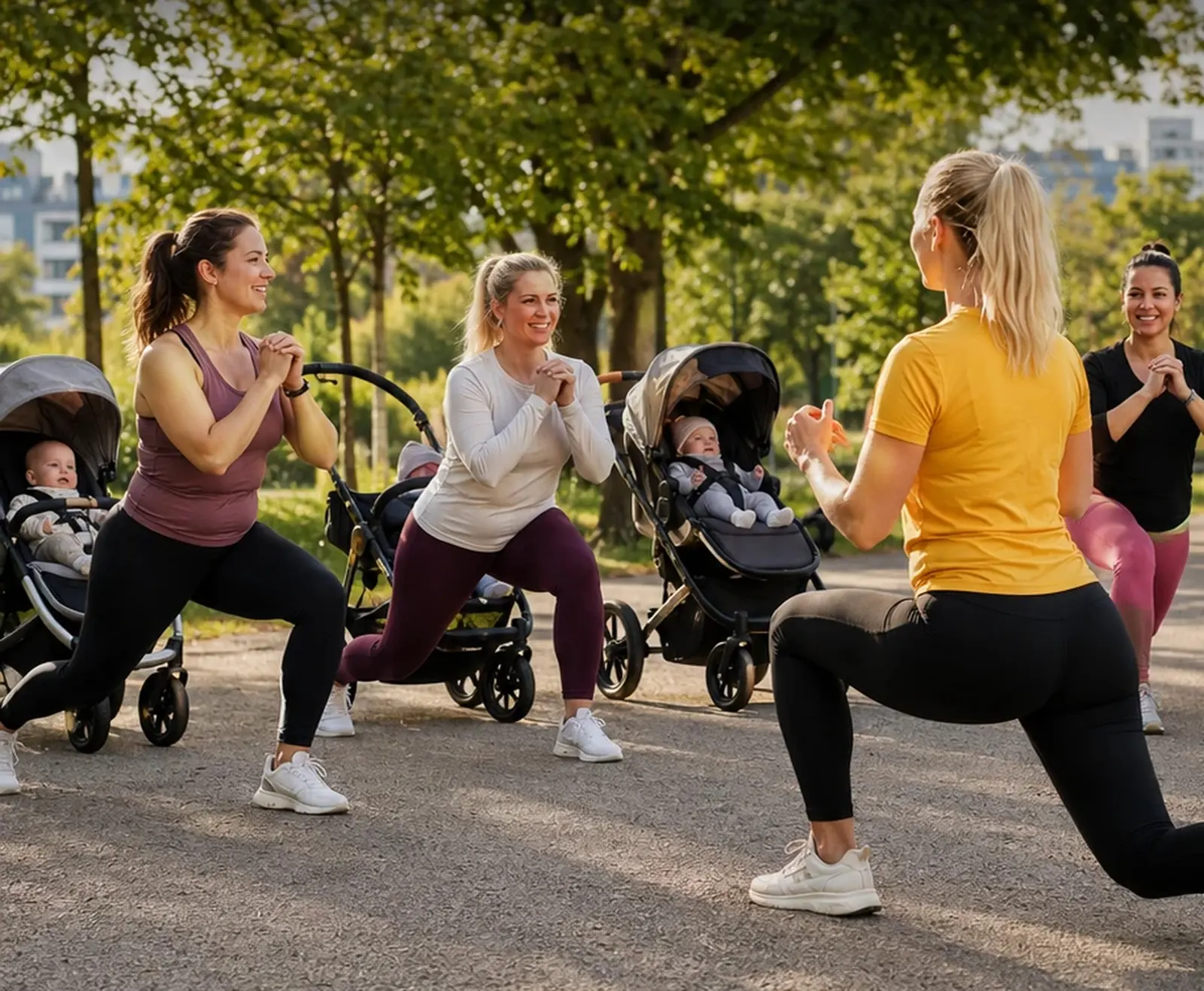 Mamas trainieren mit Kinderwagen im Park