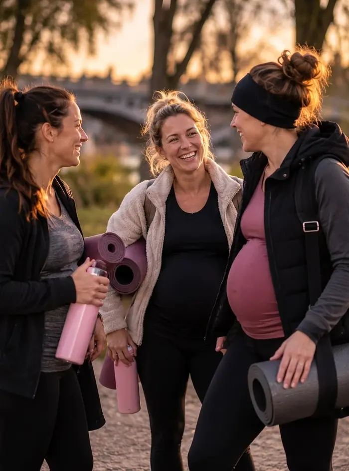 Drei werdende Mamas mit Yogamatten und Trinkflaschen unterhalten sich lachend im Abendlicht