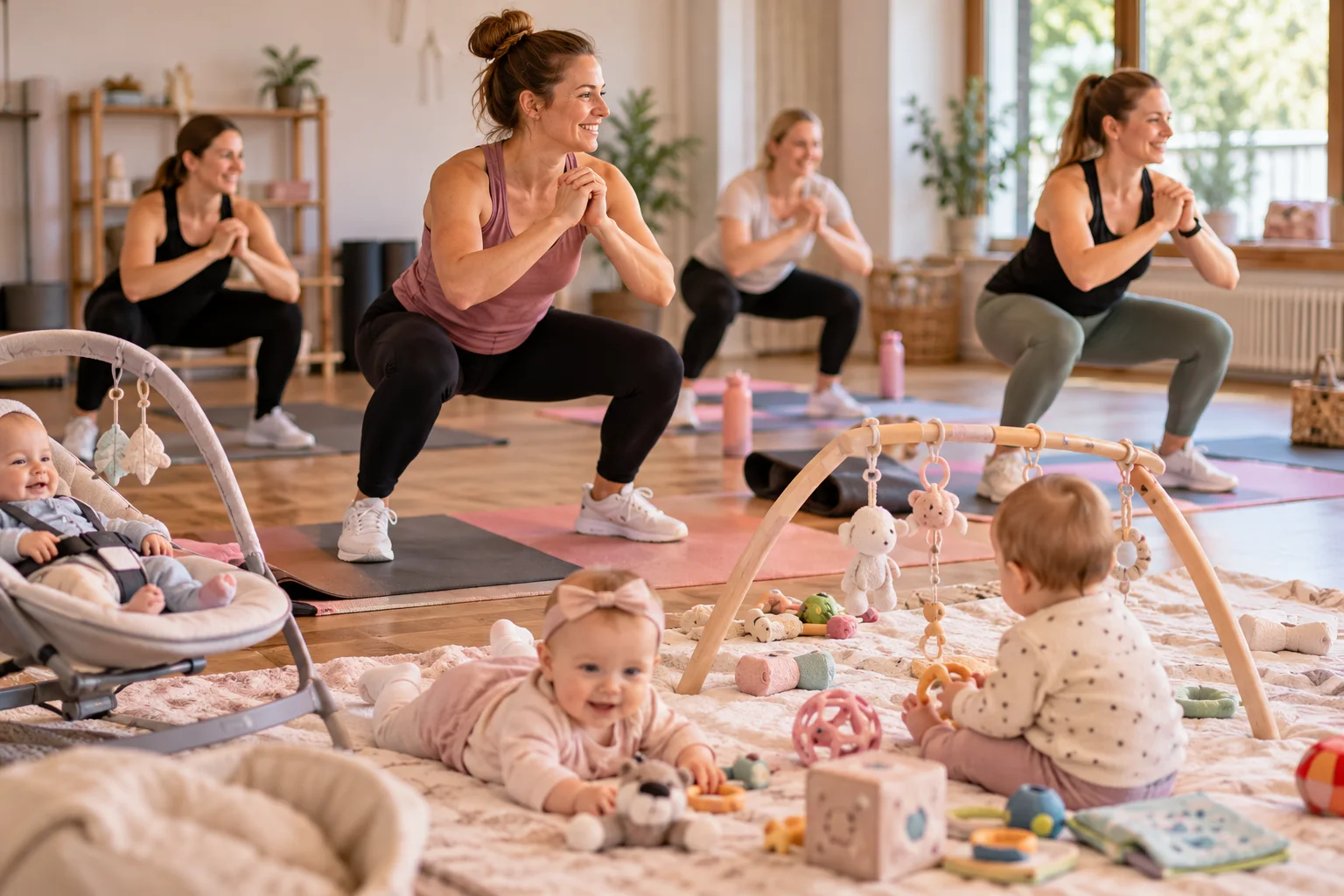 Mamas machen gemeinsam Kniebeugen, vorne spielen Babys auf einer Krabbeldecke mit Spielbogen