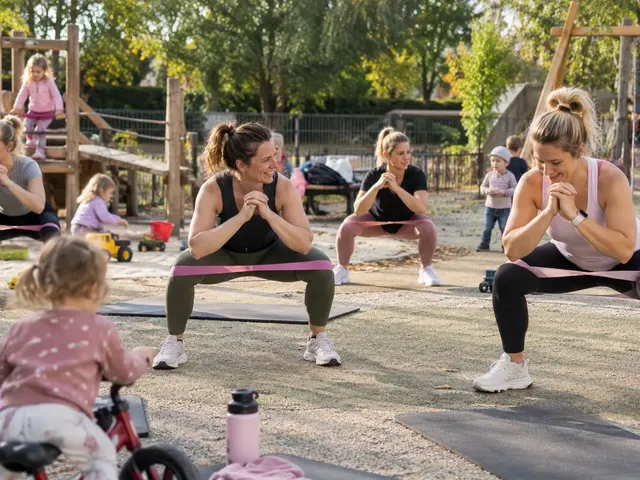 Mamas trainieren mit Widerstandsband auf dem Spielplatz, Kinder spielen daneben