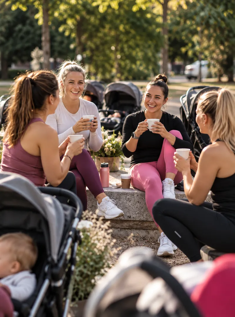 Vier Mamas sitzen im Park zusammen, trinken Kaffee und lachen, ihre Babys sind in den Kinderwagen daneben