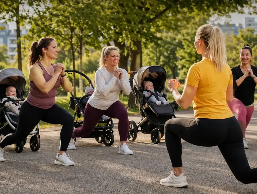 Mamas trainieren mit Kinderwagen im Park gemeinsam mit der Trainerin