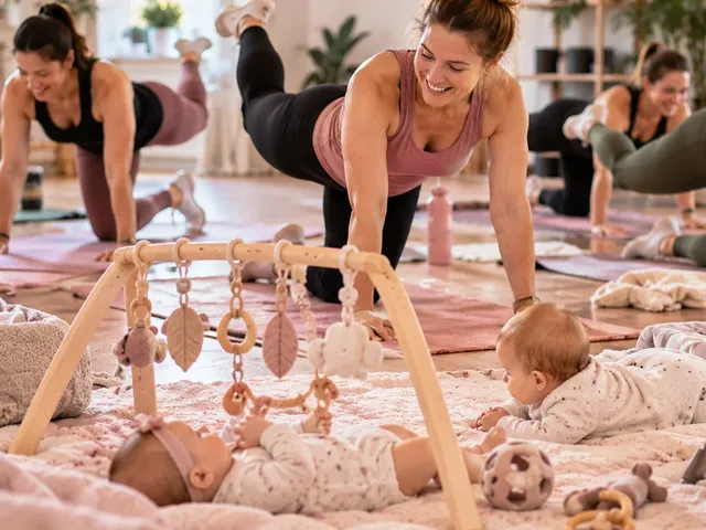 Mama übt im Vierfüßlerstand Rückbildung, ihr Baby liegt daneben