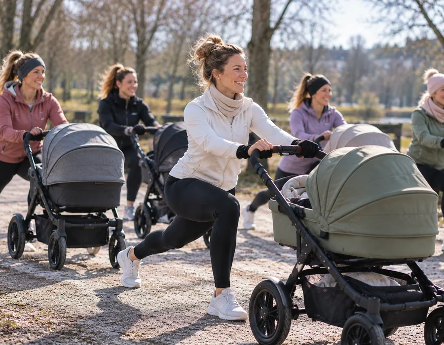 Mamas machen im Park gemeinsam Ausfallschritte und schieben dabei ihre Kinderwagen