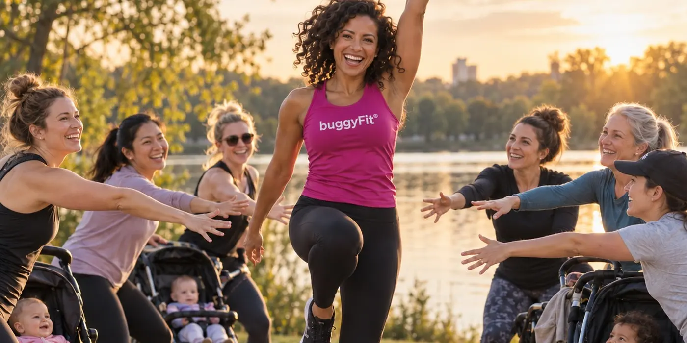 Trainerin springt im buggyFit-Kurs, lachende Mamas mit ihren Babys in den Kinderwagen um sie herum
