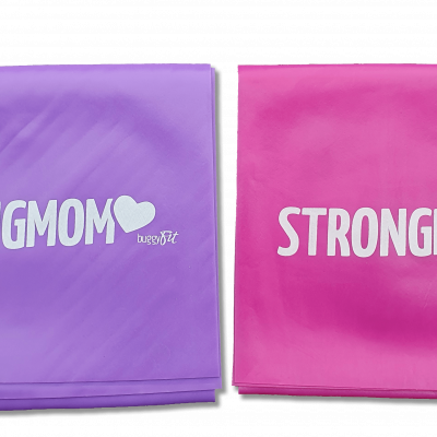 pinke und lila Therabänder. Mit Schriftzug: Strongmom by buggyFit