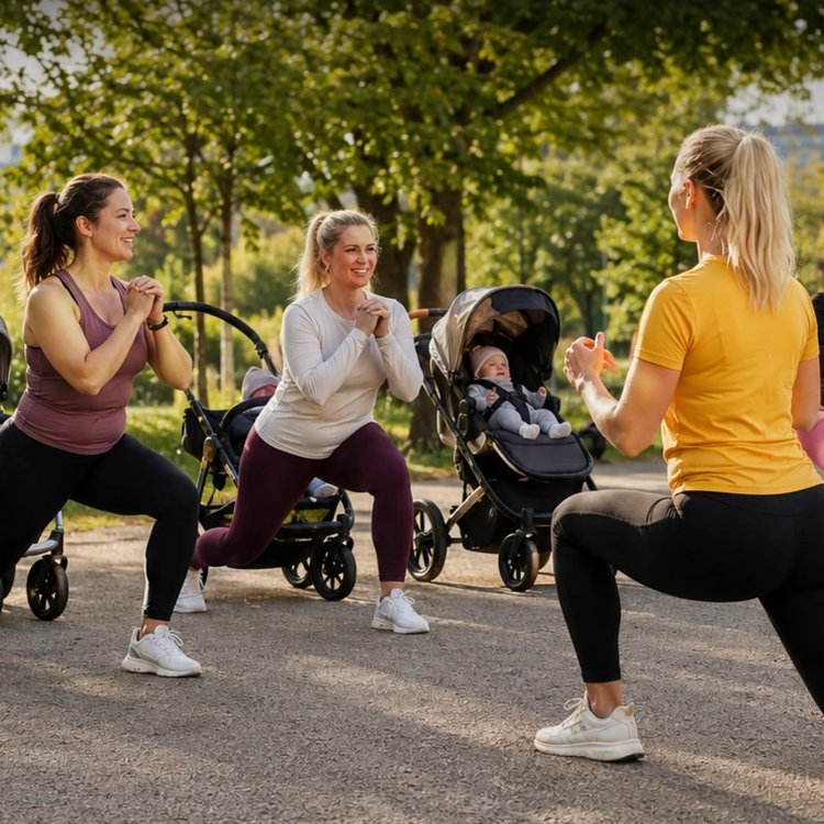 Mamas machen gemeinsam Ausfallschritte im Park, ihre Babys sitzen in den Kinderwagen daneben